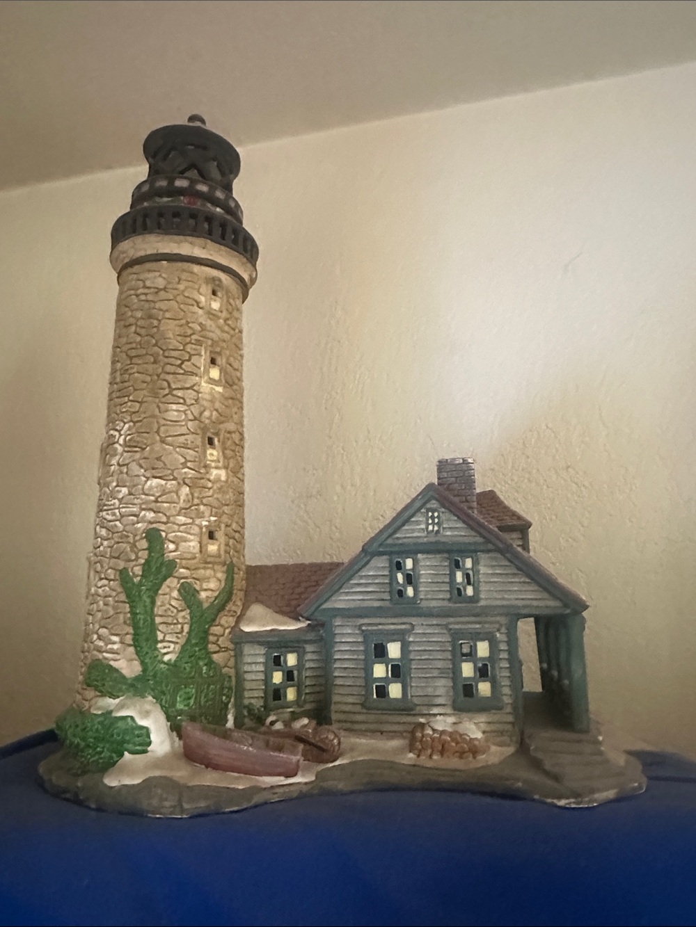 Coastal Lighthouse & Beach House Figurine - Beige, Blue, Green